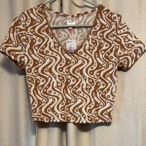 Belle Du Jour Brown and Cream Wave Floral Crop Top